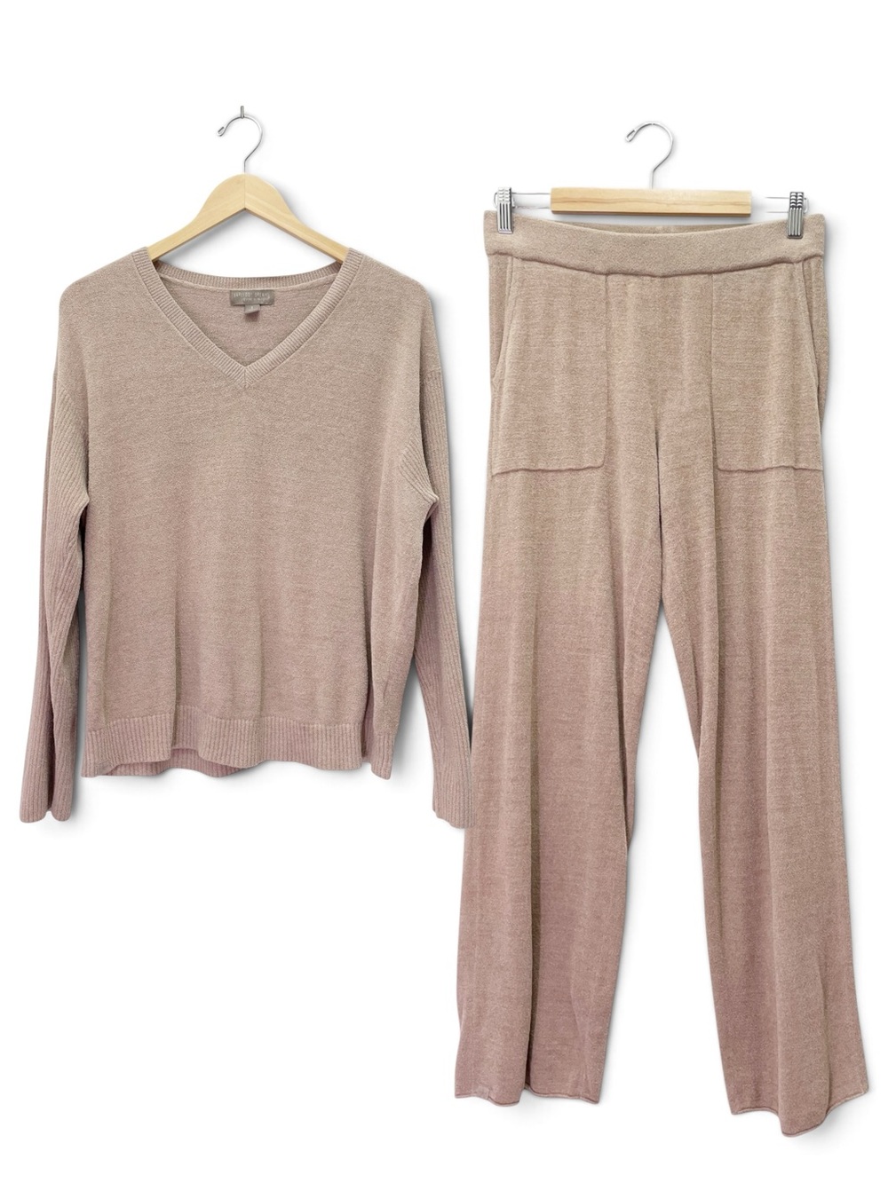 Barefoot Dreams CozyChic Ultra Lite Pajama Set Size Small Taupe V Neck Wide Leg - Picture 2 of 14